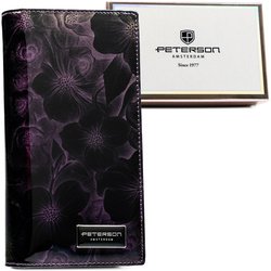 Fioletowy, duży lakierowany portfel damski na suwak i magnes kwiatowy wzór RFID STOP Peterson