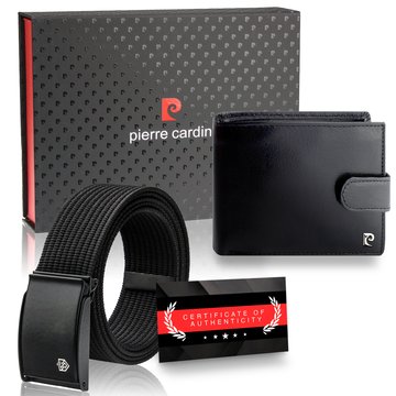 Zestaw Prezentowy Portfel Skórzany Pierre Cardin RFID Pasek Parciany STEVENS Certyfikat