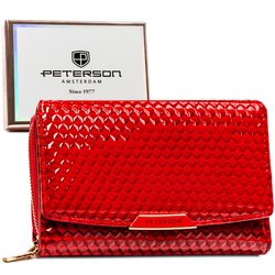 Czerwony, poziomy portfel damski ze skóry ekologicznej zamykany suwakiem i zatrzaskiem - Peterson