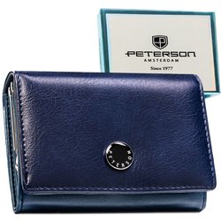 Poziomy portfel damski ze skóry naturalnej i ekologicznej w granatowym kolorze z systemem RFID - Peterson