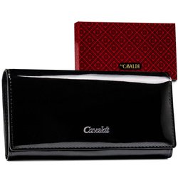 Duży, czarny portfel damski z lakierowanej skóry naturalnej - 4U Cavaldi