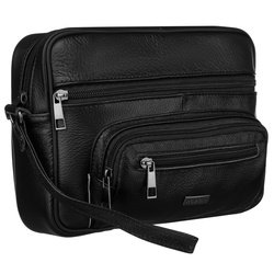 Skórzana saszetka męska w czarnym kolorze z kieszeniami zewnętrznymi i uchwytem do ręki - Rovicky
