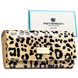 Złoty, duży portfel damski ze skóry ekologicznej i naturalnej w cętki, zamykany zatrzaskiem - Peterson