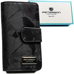 Duży, czarny portfel w orientacji pionowej wykonany ze skóry naturalnej i ekologicznej w czarnym kolorze - Peterson
