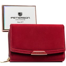 Poziomy portfel damski ze skóry ekologicznej w bordowym kolorze, zamykany suwakiem i zatrzaskiem - Peterson