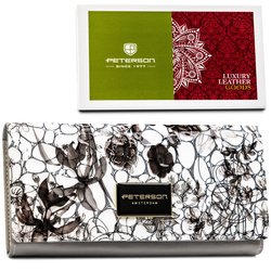 Duży, poziomy portfel damski na zatrzask, wykonany z lakierowanej skóry naturalnej w kwiatowy wzór - Peterson