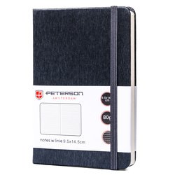 Notes w formacie A6 w szarym kolorze, zadrukowany w linie i wyposażony w gumkę zamykającą - Peterson