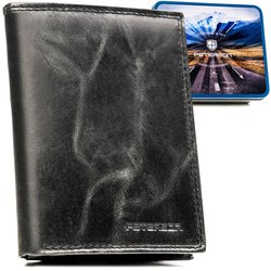 Pionowy, skórzany portfel męski w czarnym kolorze bez zapięcia zewnętrznego - Peterson
