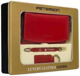 Zestaw prezentowy: skórzany portfel damski, brelok i długopis — Peterson