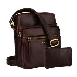 Skórzana, brązowa torebka męska zawieszona na pasku. W zestawie saszetka na klucze - Peterson