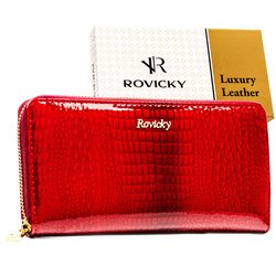 Lakierowany portfel w typie piórnika ze skóry naturalnej w czerwonym kolorze zamykany na suwak - Rovicky