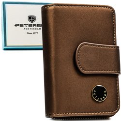Portfel damski ze skóry naturalnej i ekologicznej w brązowym kolorze, wyposażony w system RFID - Peterson