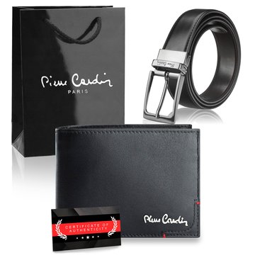 Pierre Cardin Zestaw Prezentowy: Portfel Męski Skóra RFID + Pasek Dwustronny Czarny/Brązowy 3,5 cm – Torebka, Certyfikat