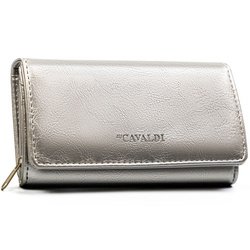 Duży, srebrny portfel damski ze skóry ekologicznej z kieszonką zewnętrzną - 4U Cavaldi