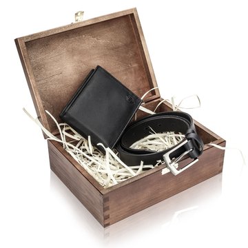 Zestaw Prezentowy  STEVENS Portfel i Pasek w drewnianym pudełku na prezent Dla Chłopaka Dla Męża