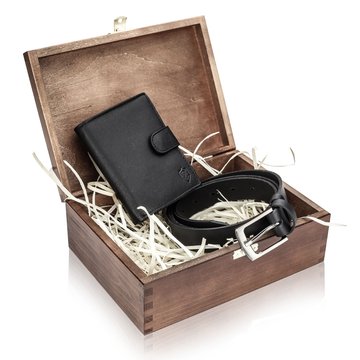Zestaw Prezentowy  STEVENS Portfel i Pasek w drewnianym pudełku na prezent Dla Taty Dla Syna