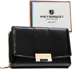 Poziomy portfel damski wykonany ze skóry ekologicznej w czarnym kolorze, zamykany na zatrzask - Peterson